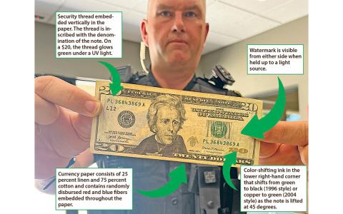 A $20, as held by Cleveland Police Sgt. Wesley Addis, has distinct identifying factors, as described in the Know Your Money pamphlet provided by the U.S. Department of Homeland Security, U.S. Secret Service. (Photo illustration/Eric Tiongson and Samantha Sinclair)