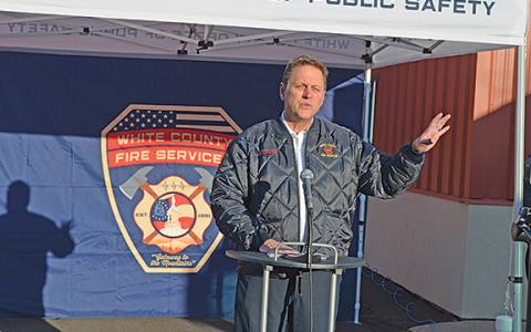 Fire Chief Michael LeFevre speaks at an engine push-in ceremony in 2023. (File photo)