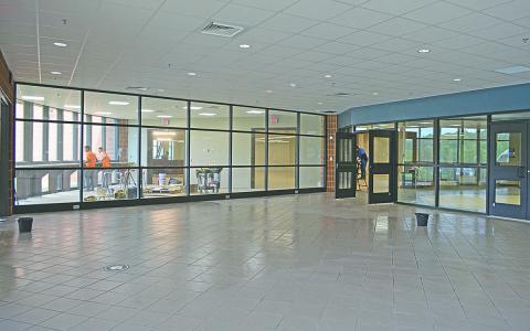 The lobby at White County High School has a whole new light-filled look as renovations replacing the theater with a media center near completion earlier this week. (Photo/Samantha Sinclair)