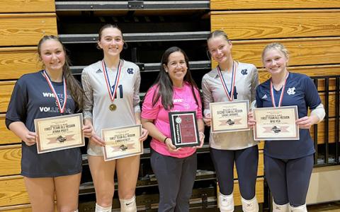 On Tuesday during the 6-AAA tournament, the All-Area teams were annouced. The Lady Warriors receiving honors were, from left, Jenna Pratt (First Team), Emma Kerley (First Team), Yaxia Oakes (Coach of the Year), Sarah Jarrard (Second Team) and Mya Yeh (First Team). (Photo/WCHS Athletics)