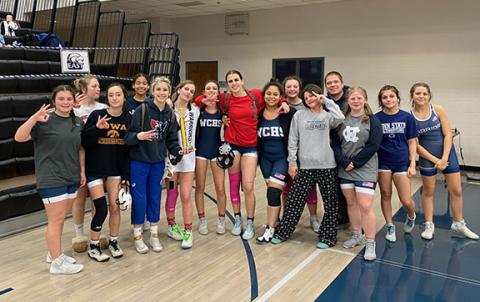 The WCHS girl's wrestling team finished third in Area 8 tournament last week at East Jackson County High School in Commerce. This was the girl's team first-ever appearance in area duals event. Members of the team are from left, Annabelle Thomas, Marley Mather, Ava Abercrombie, Omiknee Nicely, Ollie Weiland, Kenzie Addis, Bailey Roberts, Zella Weiland, Jennifer Garcia, Bayle Herbert, Priscilla Vazquez, WCHS head coach Patrick Lowendick, Riley Pitts, Vivika Vazquez and Nylee Martin (Photo/WCHS Wrestling)