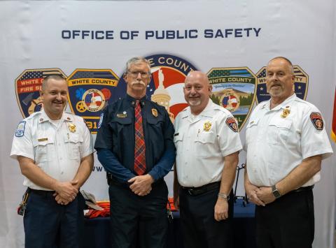Lumsden’s retirement was celebrated by White County with a reception at Fire Station No. 3 on Jan. 23. Director of Public Safety David Murphy and Battalion Chiefs Josh Taylor and Terry Sosebee smile for a picture with Lumsden. (Photo/submitted)