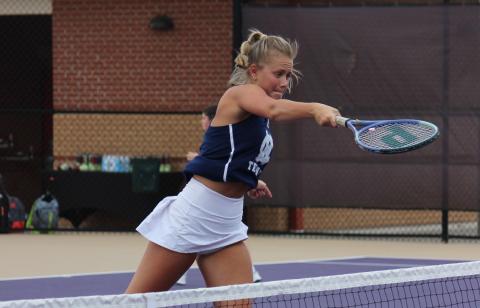 Sarah Jarrard finishes off a slam t the net during the Lady Warriors' win over Lumpkin County Tuesday morning at the 6-AAA tournament in Dahlonega. (Photo/Mark  Turner)