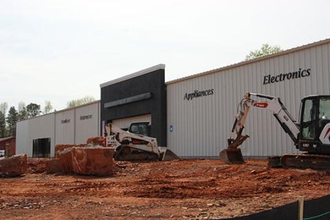 Construction has begun on the former Badcock Furniture store to turn it into the second location for Wood's Mercantile. (Photo/Denise Etheridge)