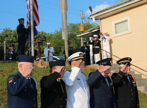 The White County Honor and Color Guard presented a 21 gun salute and performed Taps during a ceremony to honor Purple Heart recipients on May 8. From left are Bob Bardenwerper, Dave Fortner, Garey Huff, Tommy Chastain and Larry Clark. (Photo/Denise Etheridge)