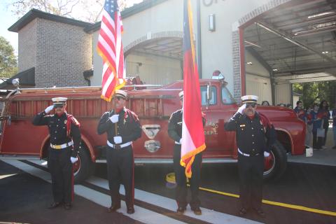 The Last Call Honor Guard posts the colors during the grand opening of Cleveland’s new fire station. DENISE ETHERIDGE/WCN