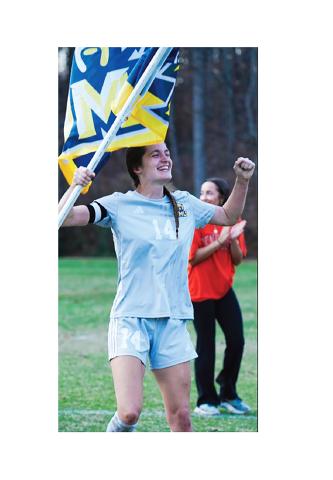 TMU's Isabella Hodson, who had two goals in the second round match, celebrates follwing win over Cumberland. TMU ATHLETICS/ TMU SPECIAL
