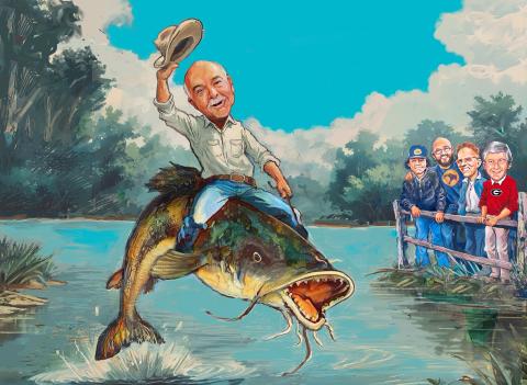 His family called Pete Hires “Cowboy.” For our planned reunion, I asked Jim Powell to create a cartoon of “Cowboy” riding an Altamaha River catfish. Watching the ride are his grandson Carter Sanborn, his son Justen Hires, Randall Bramblett and me. SUBMITTED ARTWORK