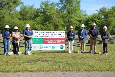 Cleveland City Council members and representatives of PE RINDT and M.B. Kahn Waterworks break ground on the City of Cleveland Wastewater Treatment Plant expansion on April 17 at the plant site on Claude Sims Road. CARLY HENDERSON/WCN
