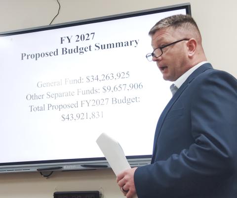 County Manager Derick Canupp briefs commissioners on the draft budget for the FY 2027 general fund. DENISE ETHERIDGE/WCN