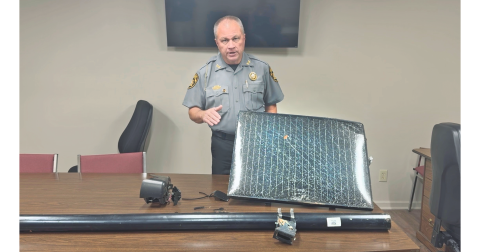 Lumpkin County Sheriff Stacy Jarrard took to Facebook Aug. 17 after a chopped Flock camera was recovered near Yahoola Creek Park. Matt Aiken/The Nugget