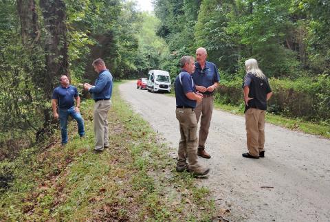 County commissioners inspect Joe Franklin Road in late July. From left: Chairman Travis Turner, White County Manager Derick Canupp and Commissioners Shan Ash, Ed Nix and Craig Bryant. FILE PHOTO 