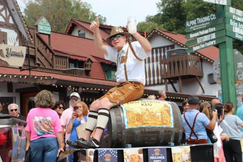 Füssen resident Marcel Blankenburg rides the first official keg in the 2025 Oktoberfest parade in Helen. FILE PHOTOS