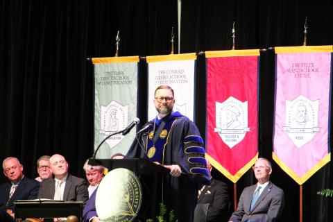 Dr. Larry Lyon delivers his inaugural address during his inauguration as Truett McConnell University’s ninth president Sept. 24 at TMU’s George Blaurock Student Wellness Center. PHOTO BY CARLY HENDERSON