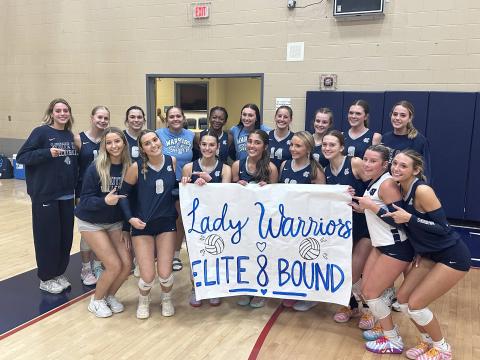 The Lady Warriors celebrate after the five set win over Heritage-Catoosa Tuesday night in a Class AAAA state tournament second round match. Shown are, from left, Daylee Barrett, Mia Masterson, Savannah Ramey, Harper Smith, Emmy Barton, Mya Palmer, Addi Conner and Kerrigan Cain, back row, Bree Burkett, Sophia Hayse, Adrianna Oakes, Sophia St. Clair, Maggie Allen, Brielle Black, Liana Yeh, Kalynn Watkins, Madi Coker and Aslyn Burkett.  WCHS ATHLETICS/SPECIAL