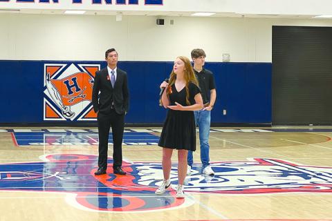 Elloree Chambers, center, addressed more than 200 students at Habersham Central on Sept. 20 in a stand against gun violence. Behind her stand fellow students Isaac McDougal, left, and Jack Garrett, right. SUBMITTED 