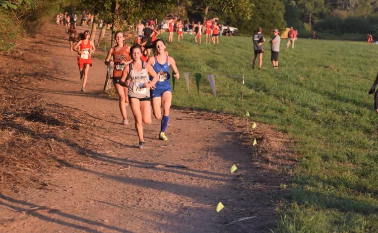 Sydnee Nix leads a pack of runners through the first mile of the varisty girls' race at the North Hall Invitational. (Photo/Mark Turner)
