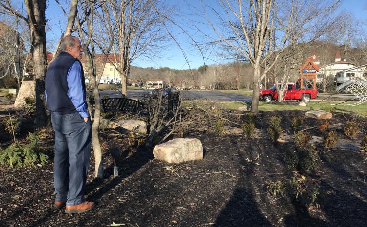 Helen City Manager Jerry Elkins surveys damage at Helen Veterans Park. (Photo/Stephanie Hill)