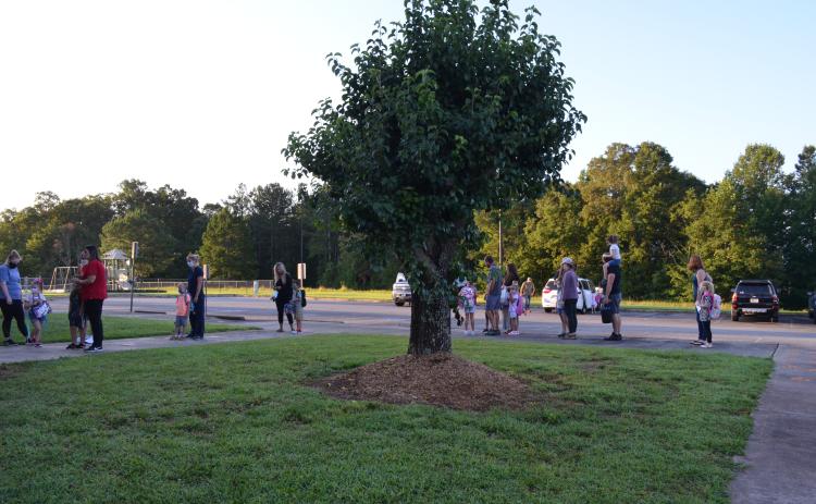 Parents and students at Tesnatee Gap Elementary School line up for the first day Aug. 14 in accordance with social distancing guidelines. (File photo/Stephanie Hill)