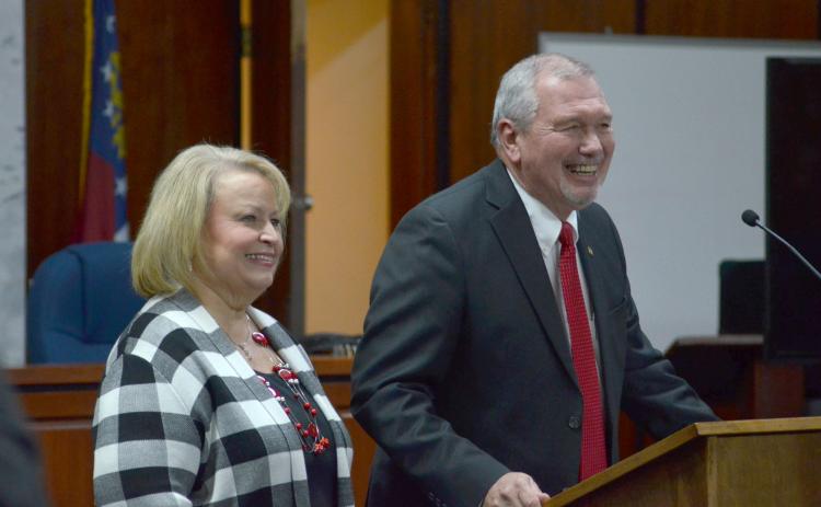 Probate Judge Garrison Baker speaks to the crowd, accompanied by his wife, Susan Baker. (Photos/Wayne Hardy)