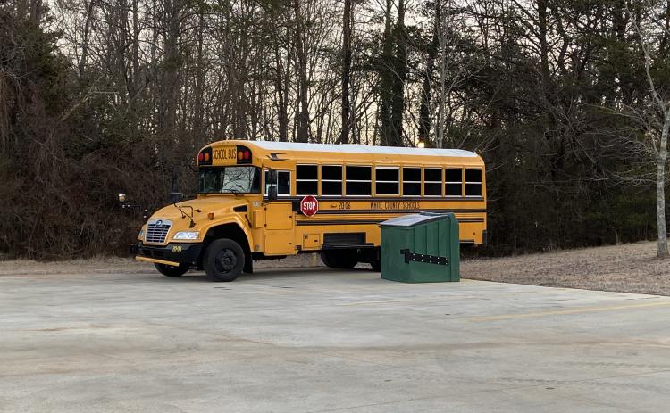 School buses, such as this one at the Cleveland Police Department have been set up to offer free WiFi for students. (Photo/Stephanie Hill)