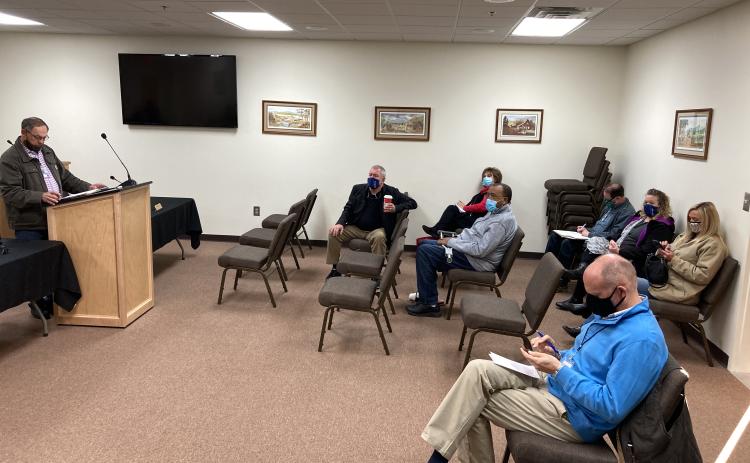 County Board of Elections and Registration Chairman Dwayne Turner leads a Jan. 4 meeting. From left are retired elections superintendent Garrison Baker, board members Louise Nix, Marlon Caldwell, Todd Marks, Russell Mobley and Elections Supervisor Lisa Manning. (Photo/Wayne Hardy)