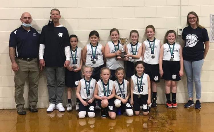 Members of the Class C GRPA State runner-up 8U team are, front from left, Madilynn London, Mattie Sieveking, Jules Harris, and Bentley Allison; back row, coach Ron Fowler, coach Matthew Sieveking, Allie Fowler, Adrianna Oakes, MaKenna Driskell, Kara Watkins, Ava Sweeney, Kaylee Pressley, and coach Jodie Watkins. (Photo/WCRD)