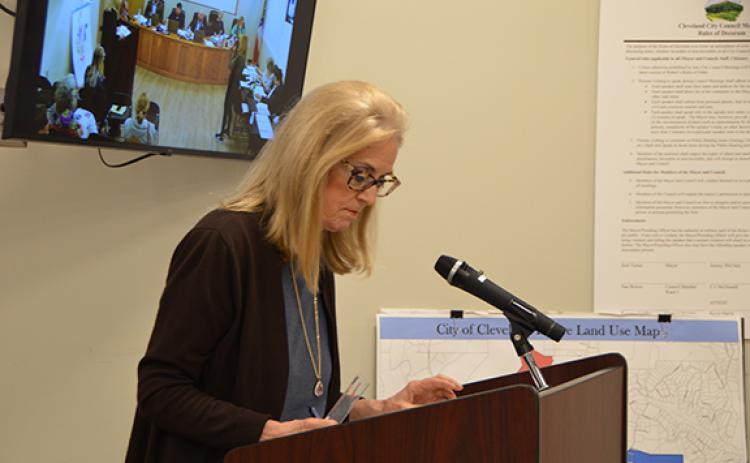 Teresa Stansel, a county resident, read a document she had prepared to Cleveland's city council during a public hearing on the proposed future land use comprehensive map. (Photo/Linda Erbele)
