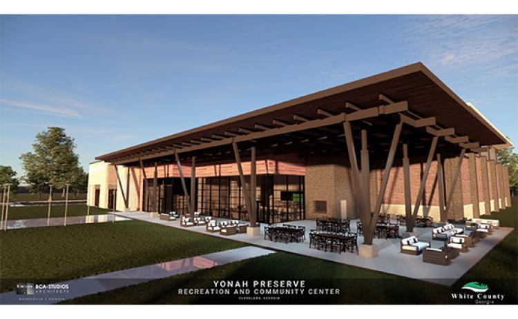 A rendering of the proposed two-court gym to be built next to the Yonah Preserve ballfields was presented. (BCA Architects)