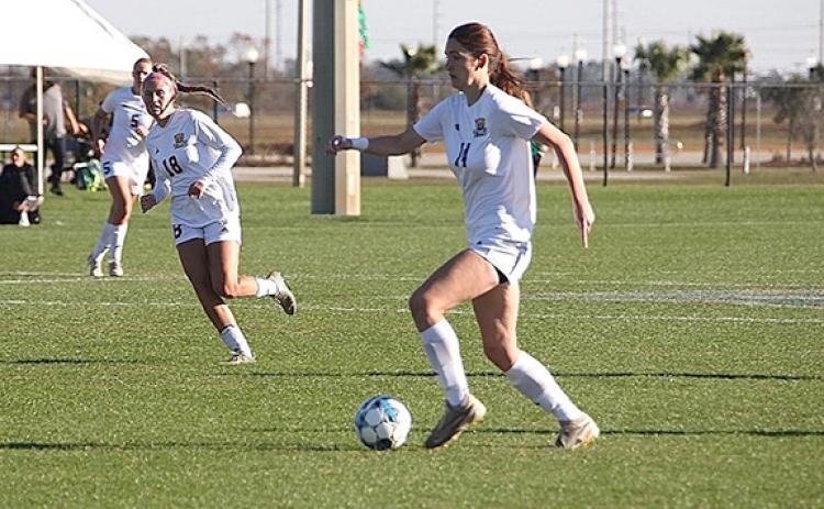 Isabella Hodson, No. 14, and Eliska Dvorakova lead the Lady Bears' attack down the field during the NAIA Sweet 16 game Tuesday in Foley, Ala. (Photo/TMU Athletics)