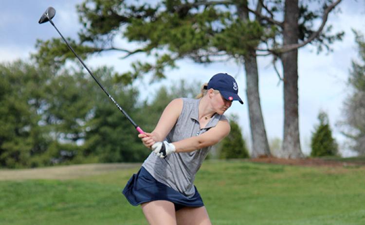 WCHS senior Aubrey Free tees off during the Spring Swing last Saturday in Clarkesville. (Photo/Mark Turner)