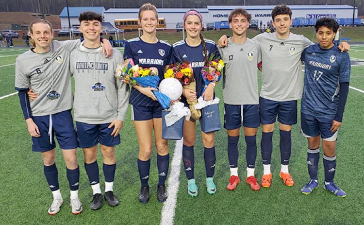 WCHS seniors soccer players recognized Tuesday night were, from left, AJ Hicks, Preskitt Castleyberry, Briana Blihovde, Adelynn Knight, Thad Gensler, Cohen Cantrell and Bryan Lozada. (Photo/Mark Turner)
