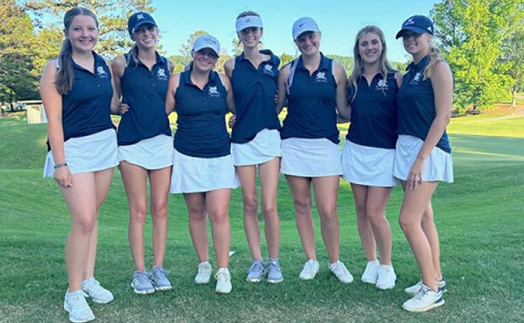 The Lady Warriors' contingent for the Class AAA state tournament consists of, from left, Addison Schindler, Billi Kayl Allison,  Cameron Kimsey, Layne Graham, Aubrey Free, Emma Rogers and Maddie Kate Hall.  (Photo/WCHS Golf)