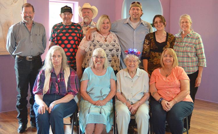 Ruth Jola is celebrated by family and friends at Helen’s Uhuburg Castle for her 100th birthday. Those gathered include (back row) Tom Stephenson, Brad Stephenson, Cecil Shaw, Oriana Jola, Jerry Noe, Raven Ferguson, Jolly Nichols, (front row) Patti Moulton, Debbie Holveck, Ruth Jola and Lisa Holveck. (Photo/submitted)