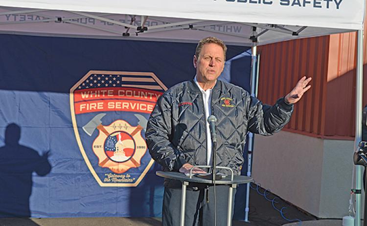 Fire Chief Michael LeFevre speaks at an engine push-in ceremony in 2023. (File photo)