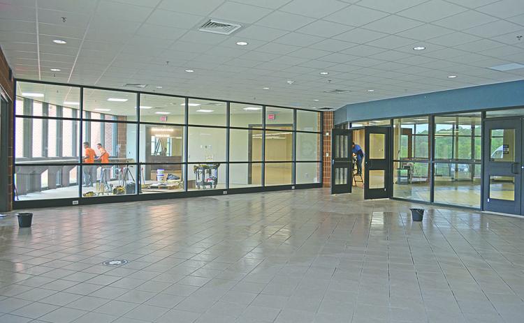 The lobby at White County High School has a whole new light-filled look as renovations replacing the theater with a media center near completion earlier this week. (Photo/Samantha Sinclair)