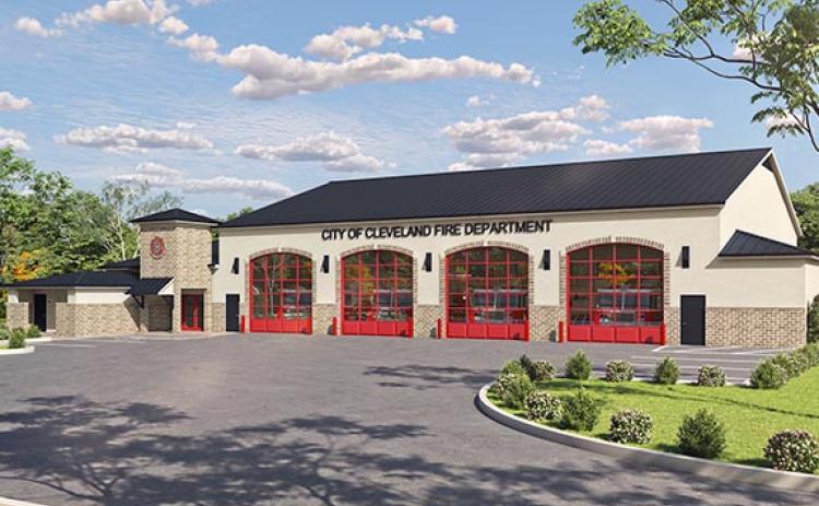 A rendering provided by Ron Cantrell Construction shows that Cleveland’s new fire station on Underwood Street will have four bays and public restrooms. (Image/submitted)