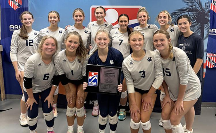 The White County High School volleyball team won the KSA 2024 Fall Volleyball Classic Green Bracket title last weekend at the Game Point Event Center in Orlando, Fla., posting a 5-1 record and beating Gordon Lee in the championship match. Shown are team members, front from left, Rylee Elrod, Brooklyn Thomason, Mya Yeh, Baylie Rae Vandiver and Caroline Tatum; back row, Kalynn Watkins, Daylee Barrett, Sarah Jarrard, Emma Kerley, Jenna Pratt, Bree Burkett, Aslyn Burkett and Sophia Butcher. (Photo/WCHS)