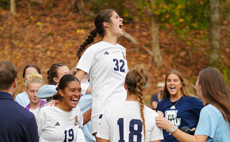 TMU's Megan Darden celebrates moments after her penalty kick sealed the Lady Bears' win in the AAC tournament finals last Saturday in Cleveland. (Photo/TMU Athletics)