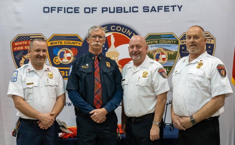 Lumsden’s retirement was celebrated by White County with a reception at Fire Station No. 3 on Jan. 23. Director of Public Safety David Murphy and Battalion Chiefs Josh Taylor and Terry Sosebee smile for a picture with Lumsden. (Photo/submitted)