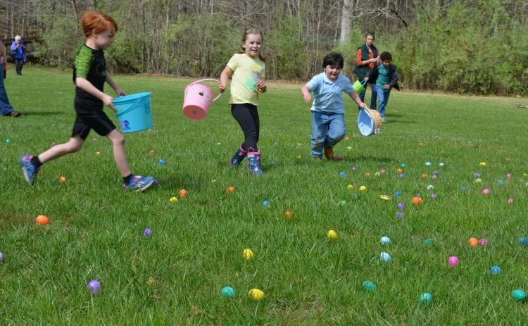 Children race to collect plastic eggs during the Friends of Unicoi State Park’s egg hunt last year. This year’s event will be held on Saturday. (File photo)