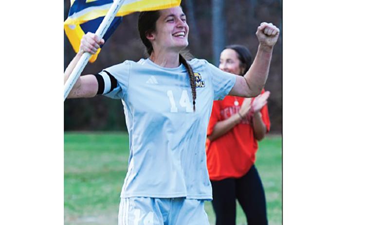 TMU's Isabella Hodson, who had two goals in the second round match, celebrates follwing win over Cumberland. TMU ATHLETICS/ TMU SPECIAL