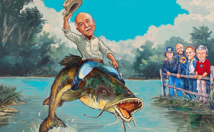 His family called Pete Hires “Cowboy.” For our planned reunion, I asked Jim Powell to create a cartoon of “Cowboy” riding an Altamaha River catfish. Watching the ride are his grandson Carter Sanborn, his son Justen Hires, Randall Bramblett and me. SUBMITTED ARTWORK