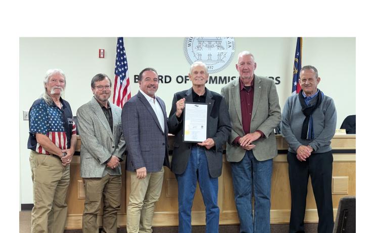 The White County Board of Commissioners proclaimed Feb. 23, 2026, as Darrel Chaney Day during a work session and called meeting Monday night. From left: Commissioner Craig Bryant, Commissioner Shan Ash, Commission Chairman Travis Turner, Darrel Chaney, Commissioner Edwin Nix and Commissioner Lyn Holcomb. SUBMITTED PHOTOS