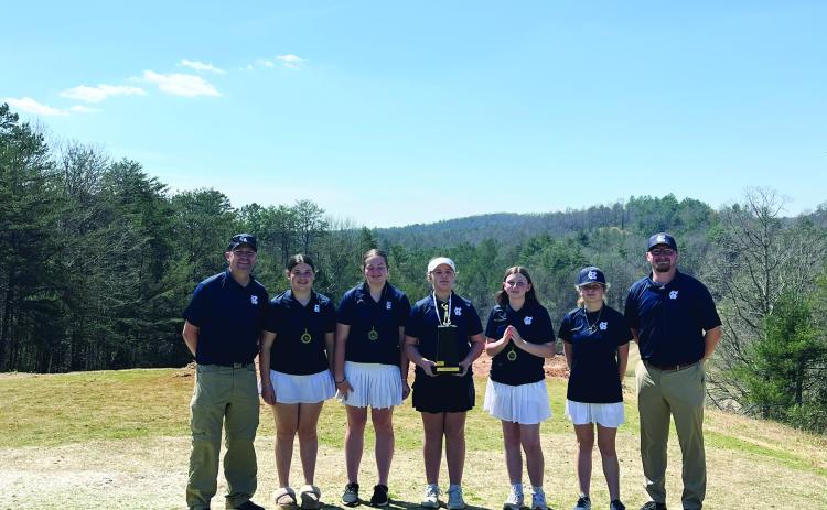 Members of the Mountain League championship girl's team are, from left, Coach Jon Kostulakos, McKinley Holland, Anley Kennedy, Grace Hollis, Emily Ransom, Reagan Turner and Coach Dillon Wilson. Hollis was the tournament's low-medalist in the girl's division.