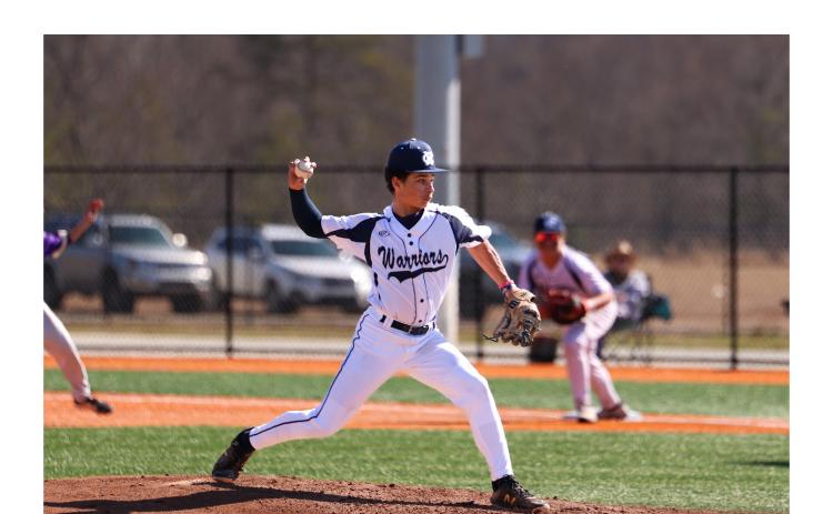 The White County junior varsity baseball team is off to a 2-4 start this season, picking up wins over Cherokee Bluff and Lumpkin County. The Warriors take on Dawson County on Saturday in Cleveland, with the first pitch set for 11 a.m. Members of the JV team are Wes Jones, Lane Bray, Garrett Wilson, Matthew Holcomb, Cade Hunt, Weaver Bartlett, Branson Padgett, Gunner Martin, Ben Greene, Aaron Payne, Wes Summers, Parker Shobert and Jonah Cash. Jonah Cash delivers a pitch. JENNIFER KNIGHT/SPECIAL