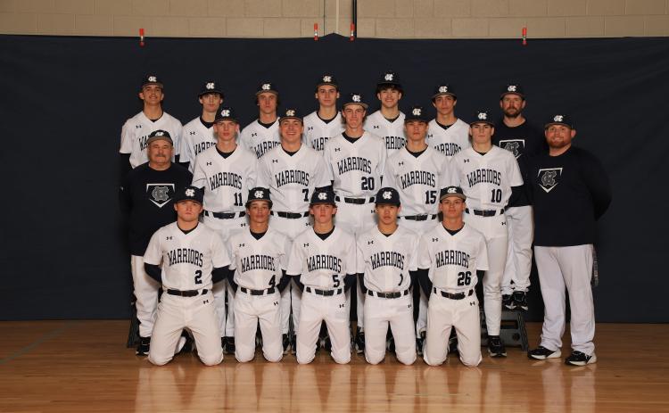 Members of the Warriors' baseball team are, front from left, Cooper Garrett, Jonah Cash, Max Adams,  Carter Nguyen and Wes Summers; middle row, Head Coach Jim Waits, Jackson Krilla, Alex Freeman, Josiah Padgett, Wyatt Powell, Noah Thomas and Coach Brett Westmoreland; back row, Sawyer Gailey, Wes Jones, Josh Adams, Braydon Vogh, Reese McGuire, Eppi Rodriguez and Coach Erich Stahl. Not shown are Lane Bray, Weaver Bartlett, Ben Greene and Aaron Payne.