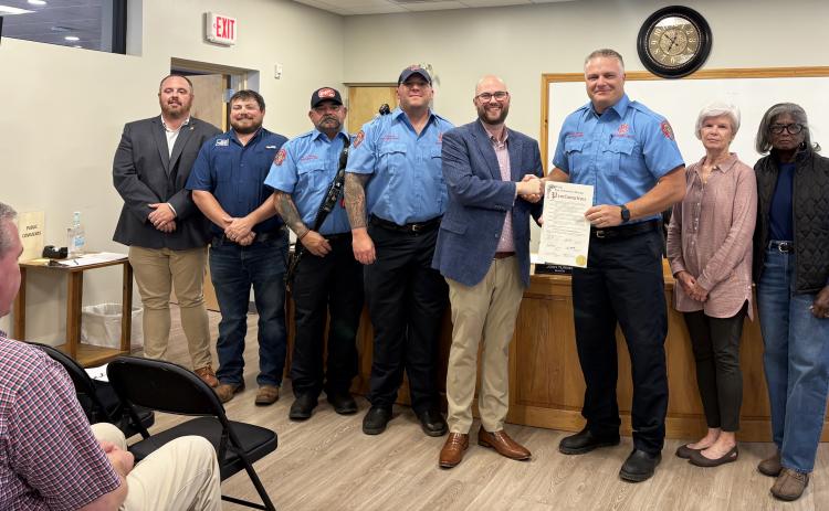 Cleveland City Council members present a proclamation to Fire Chief Jason Bryant and members of the Cleveland Fire Department during the May 4 meeting, designating May 4, 2026, as International Firefighters Day. CARLY HENDERSON/WCN