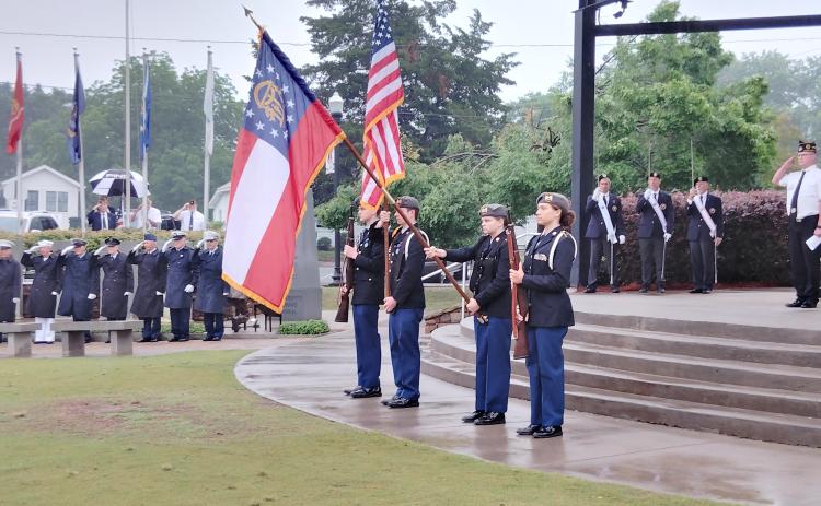 The White County High School JROTC Honor Guard participated in Monday's Memorial Day ceremony at Cleveland's Freedom Park. The annual event is organized by American Legion Roy Head Post 16. DENISE ETHERIDGE/WCN