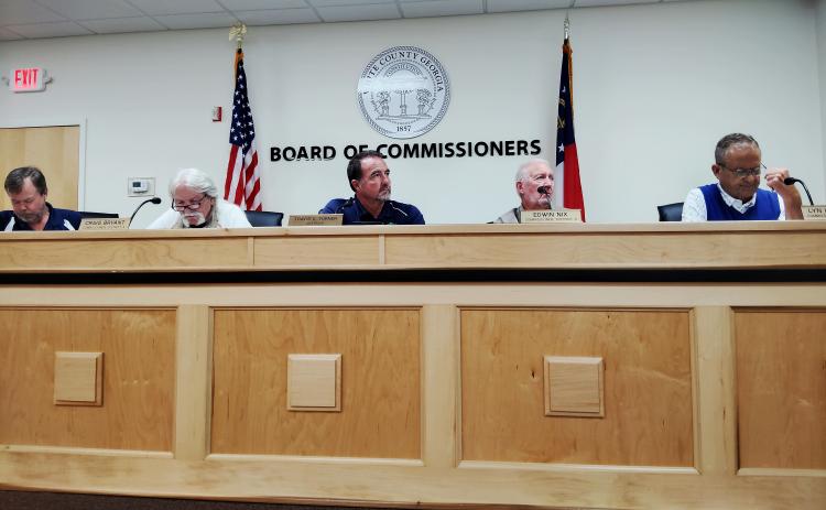 Commissioners met on June 15 to adopt the budget for Fiscal Year 2027. From left are Commissioners Shan Ash and Craig Bryant, Chairman Travis Turner and Commissioners Ed Nix and Lyn Holcomb. DENISE ETHERIDGE/WCN